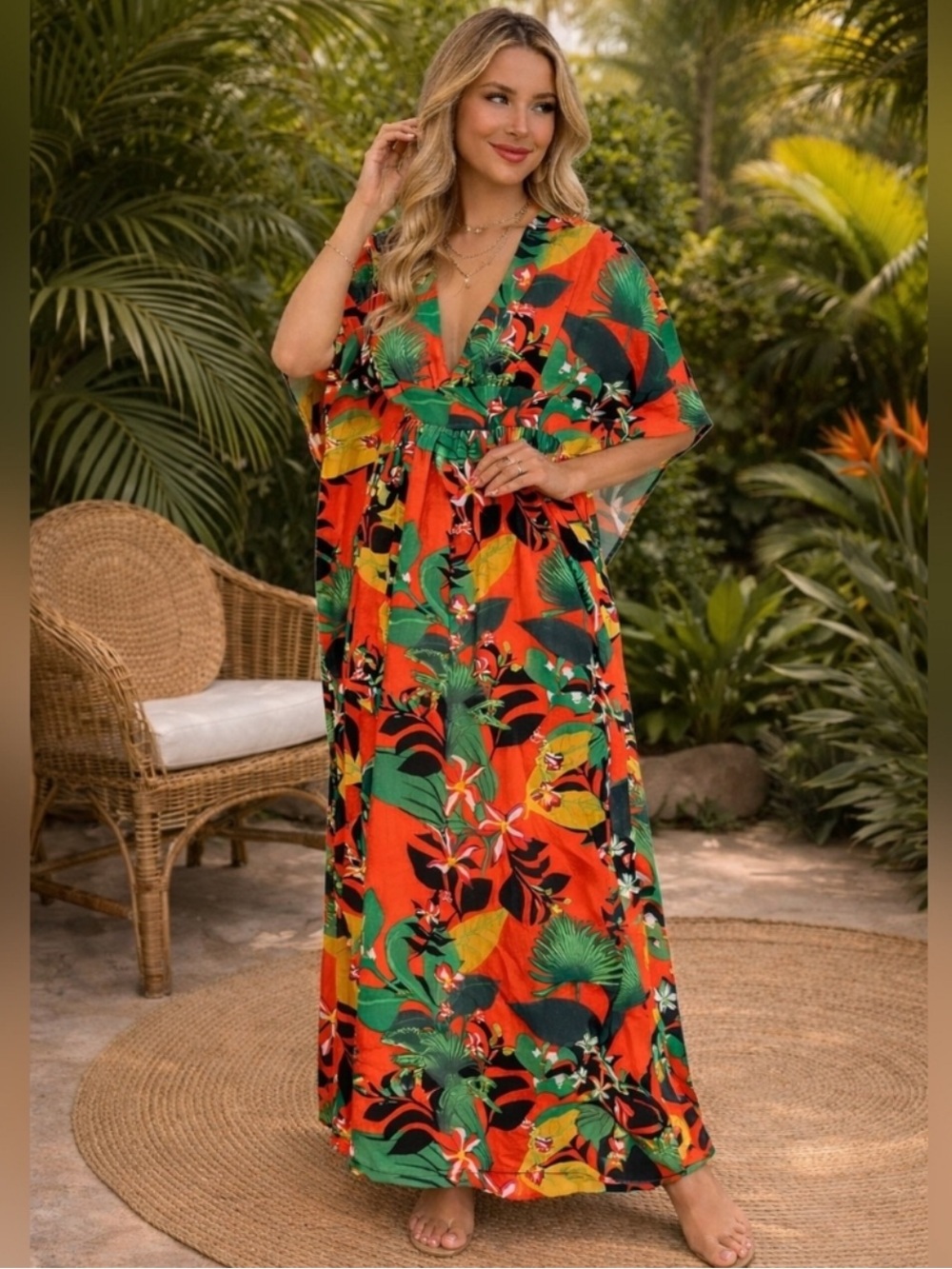 INC International Concepts Tropical Print Caftan Maxi Dress Orange Green Size 1X - Picture 7 of 7